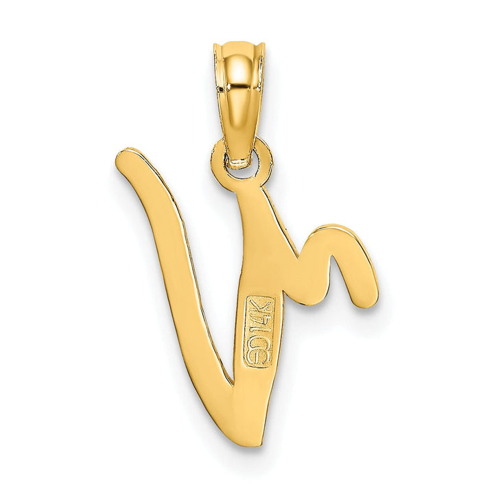 14K Yellow Gold Fancy Script Design Letter V Initial Charm Pendant
