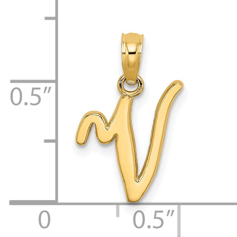 14K Yellow Gold Fancy Script Design Letter V Initial Charm Pendant