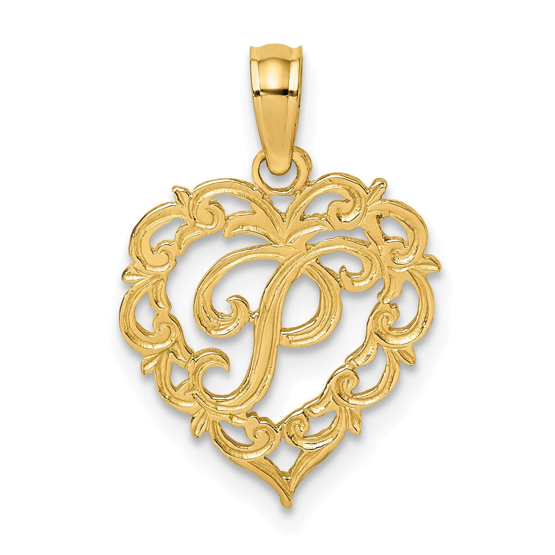 14K Yellow Gold Heart Shape Fancy Script Letter P Initial Charm Pendant