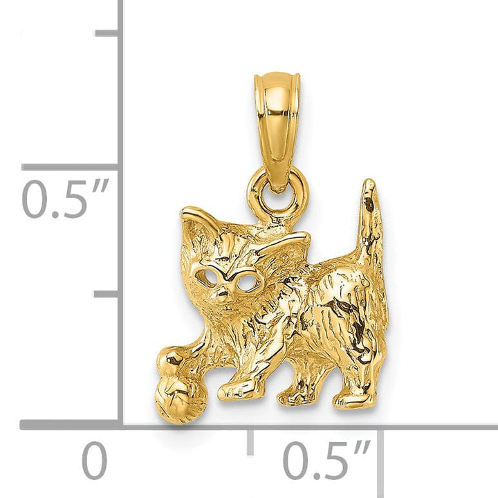 14k Yellow Gold Open Back Textured Polished Finish Cat Playing with Ball Design Charm Pendant
