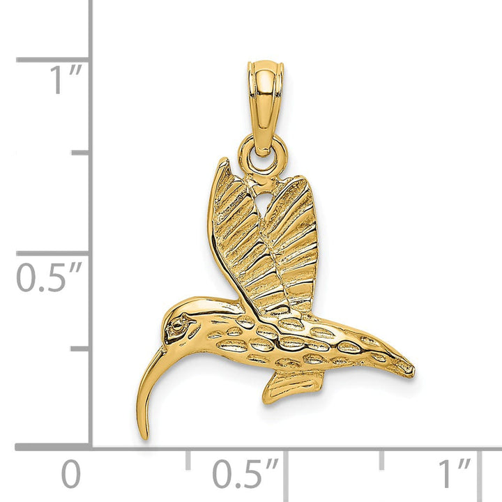 14K Yellow Gold Open Back Textured Polished Finish Hummingbird Flying Charm Pendant