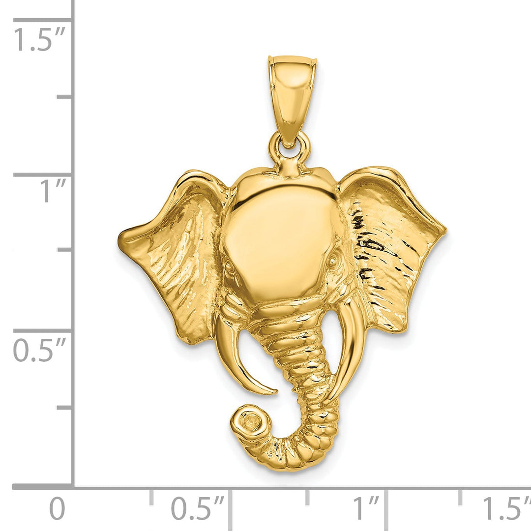 14K Yellow Gold Polished Finish 2-Dimensional Elephant Head with Twisted Trunk Design Charm Pendant