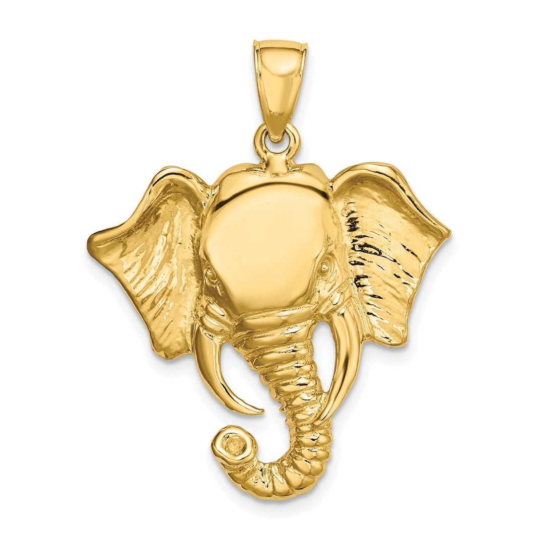 14K Yellow Gold Polished Finish 2-Dimensional Elephant Head with Twisted Trunk Design Charm Pendant