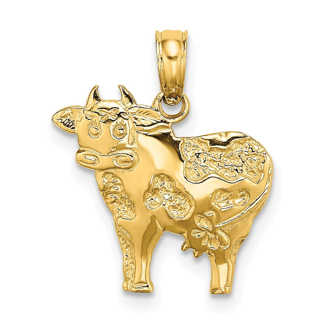 14k Yellow Gold Open Back Textured Polished Finish Cow Charm Pendant