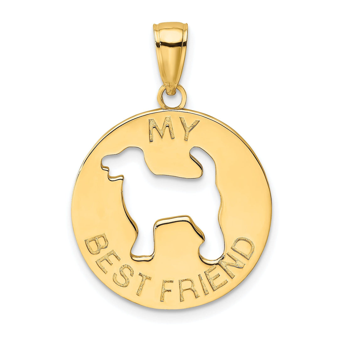 14K Yellow Gold Polished Finish Flat Back Circle Shape MY BEST FRIEND with Dog Charm Pendant