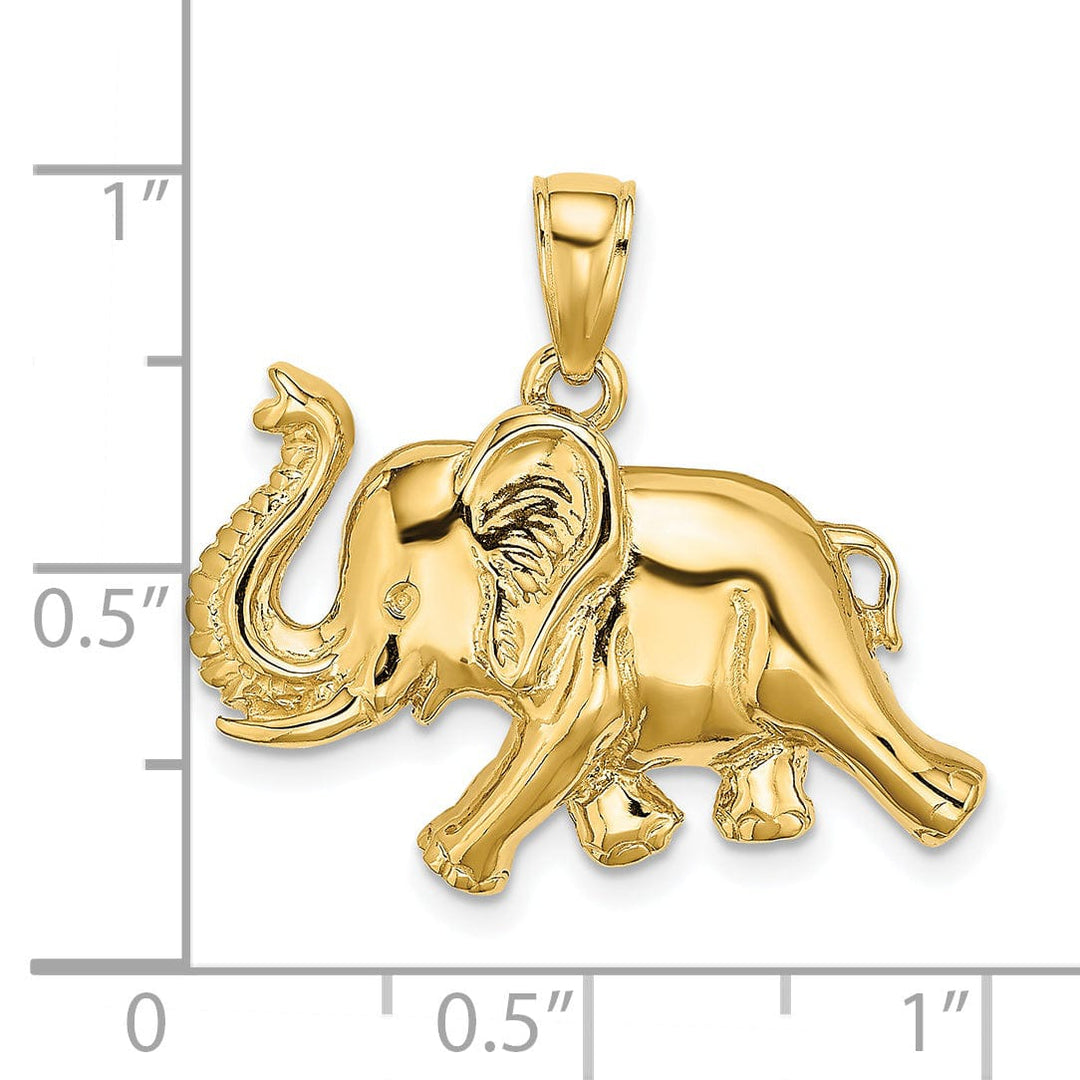 14K Yellow Gold Polished Finish 2-Dimensional Elephant Running with Raised Trunk Charm Pendant