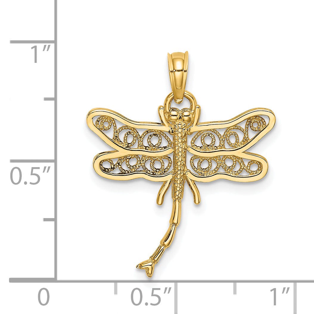 14k Yellow Gold Open Back Solid Polished Finish With Beaded Filigree Wings Design Dragonfly Charm Pendant