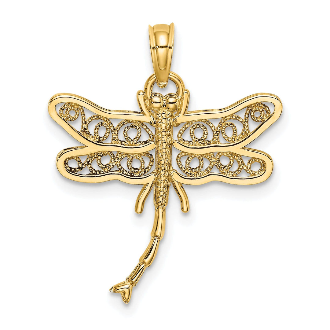 14k Yellow Gold Open Back Solid Polished Finish With Beaded Filigree Wings Design Dragonfly Charm Pendant