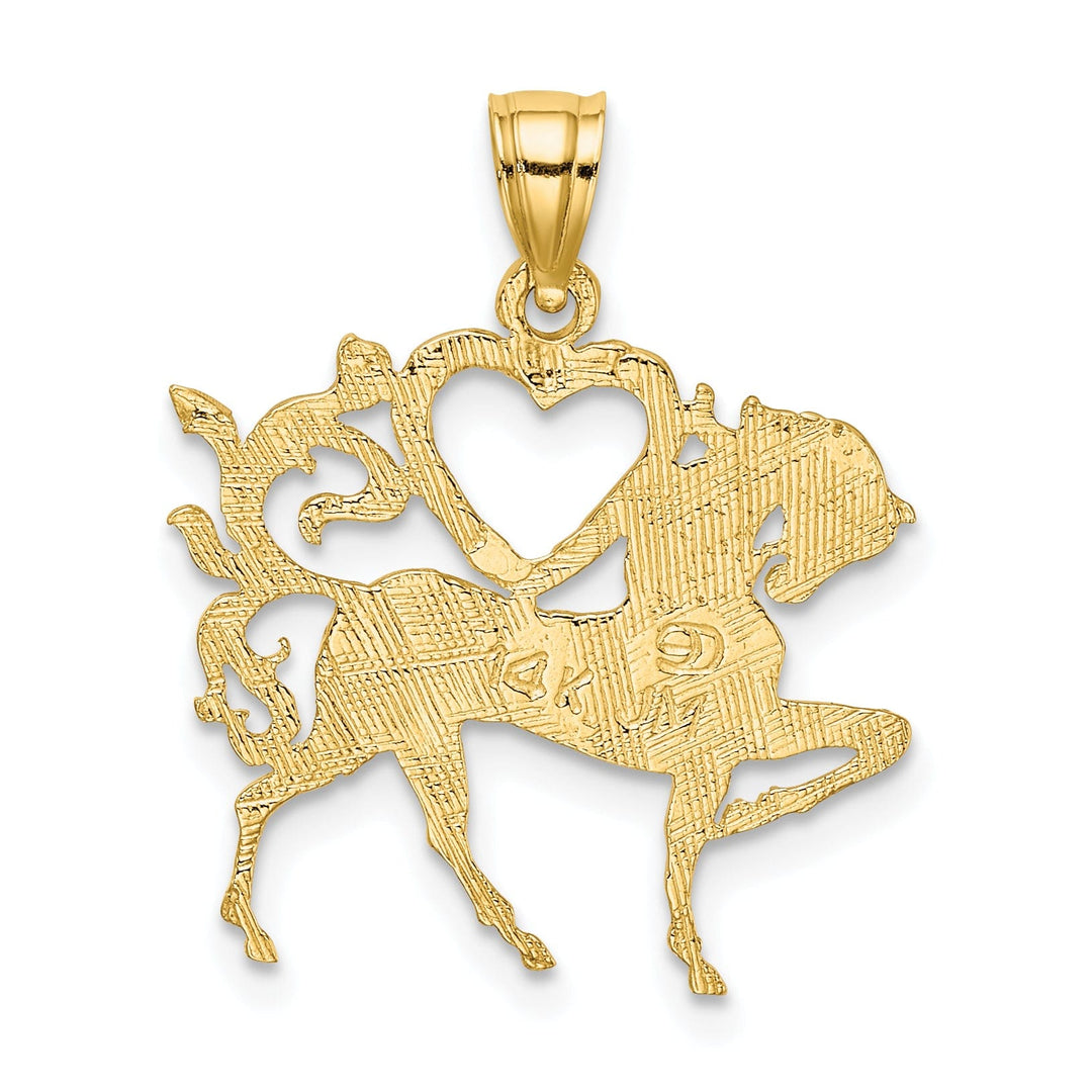 14K Yellow Gold Textured Polished Finish Heart and Horse Design Charm Pendant