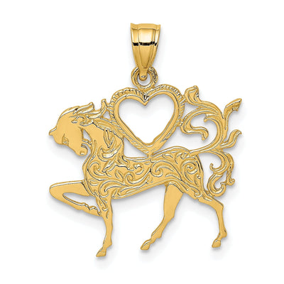 14K Yellow Gold Textured Polished Finish Heart and Horse Design Charm Pendant