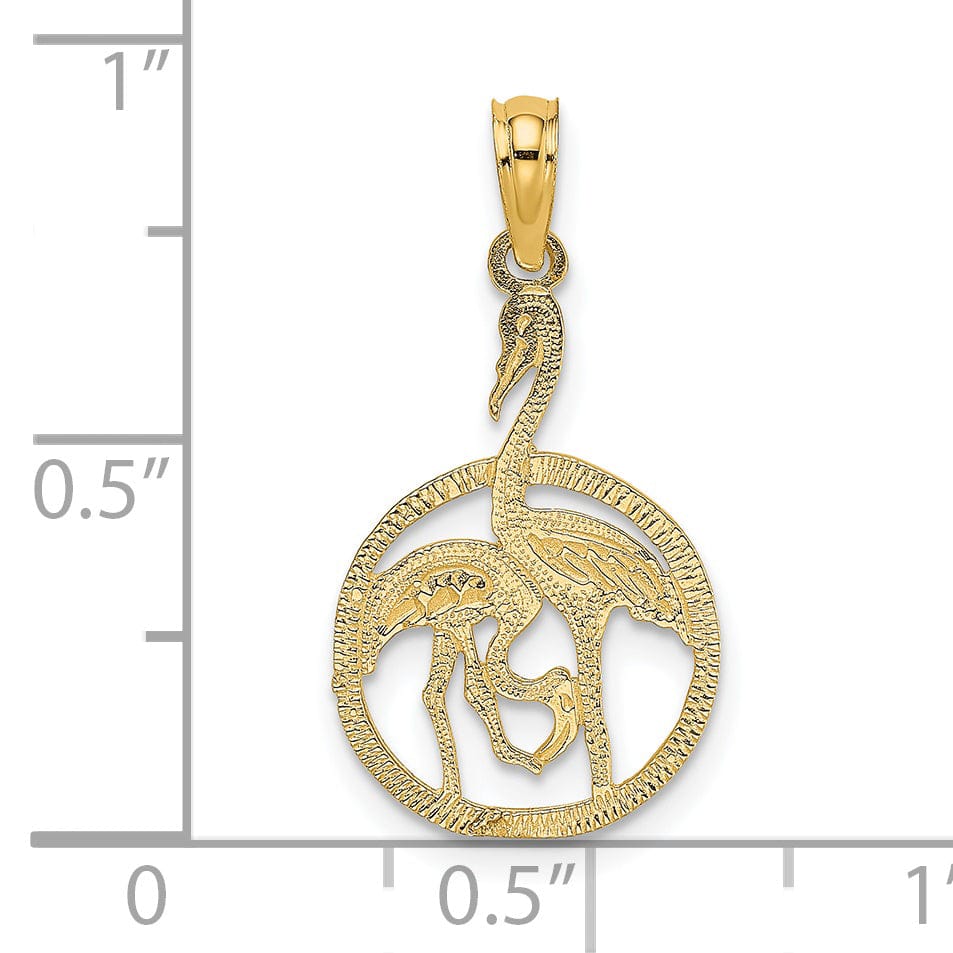 14K Yellow Gold Polished Texture Finish Two Flamingos In Circle Design Charm Pendant
