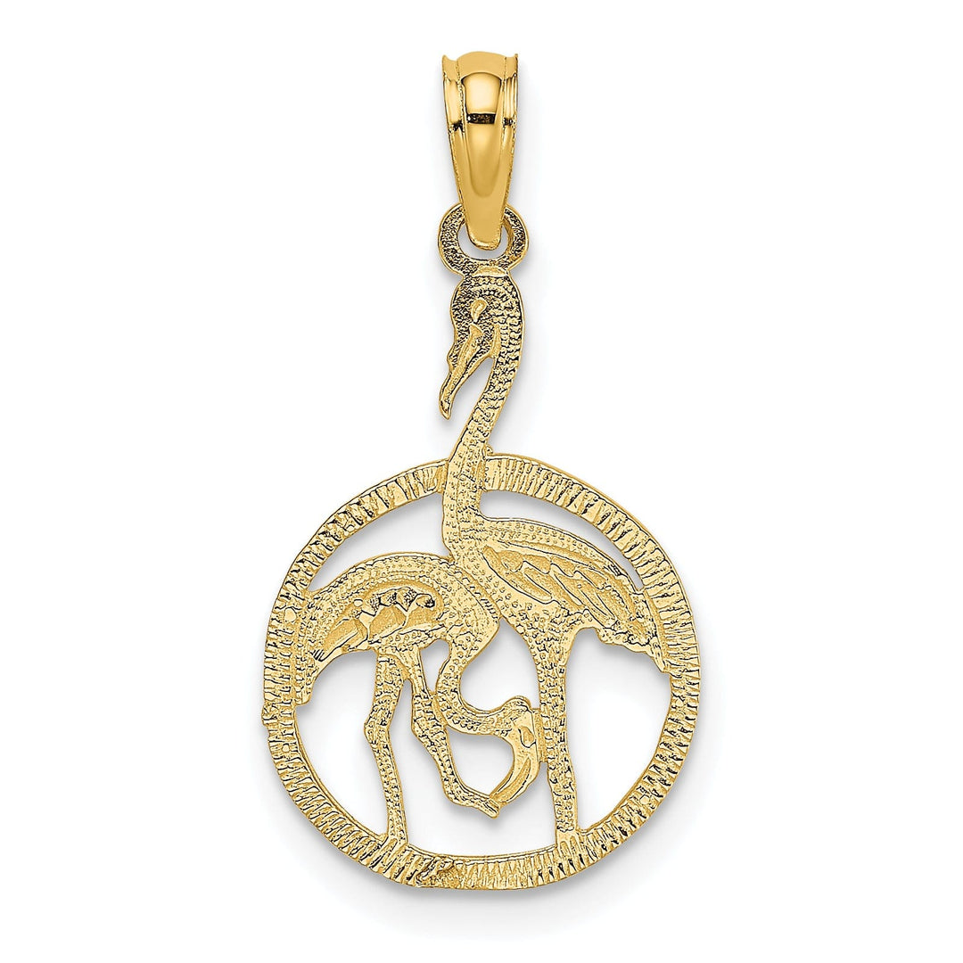 14K Yellow Gold Polished Texture Finish Two Flamingos In Circle Design Charm Pendant