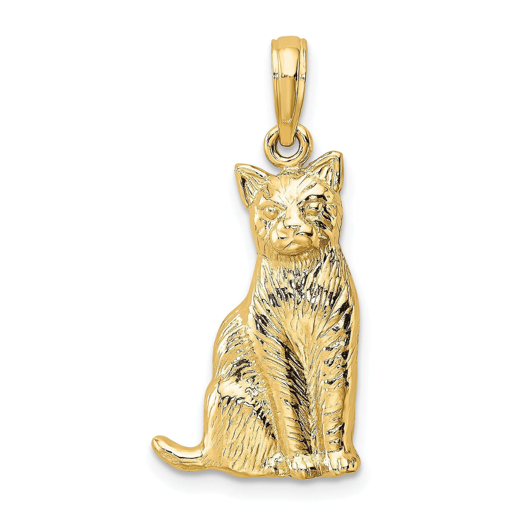 14K Yellow Gold Polished Textured Finish Sitting Cat Charm Pendant