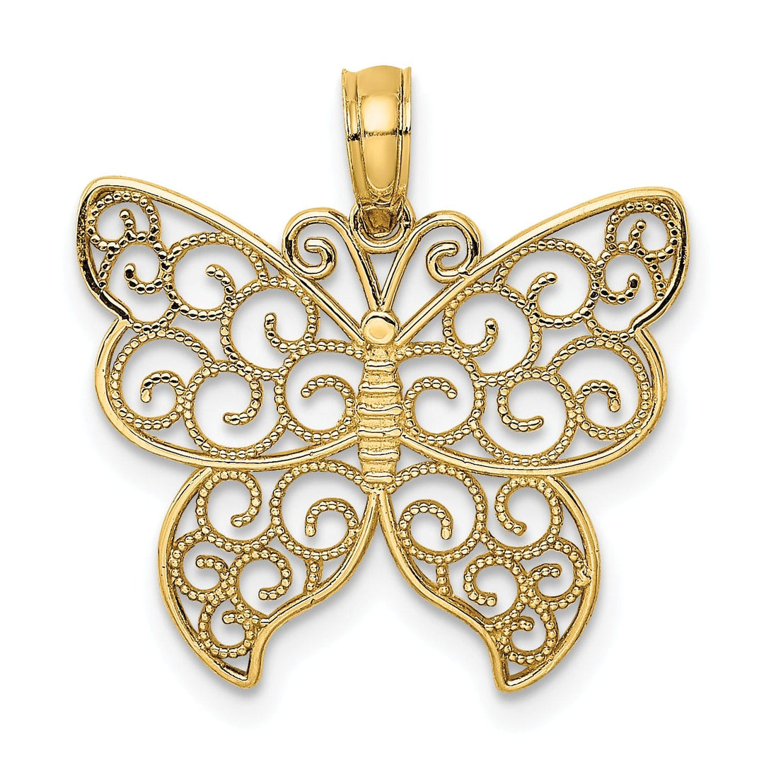 14K Yellow Gold Open Back Solid Polished Finish Beaded Filigree Small Butterfly Charm Pendant