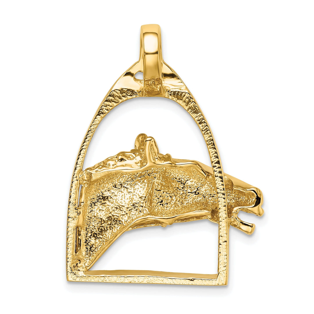 14K Yellow Gold Open Back Texture Polished Finish Horse Head in Stirrup Charm Pendant