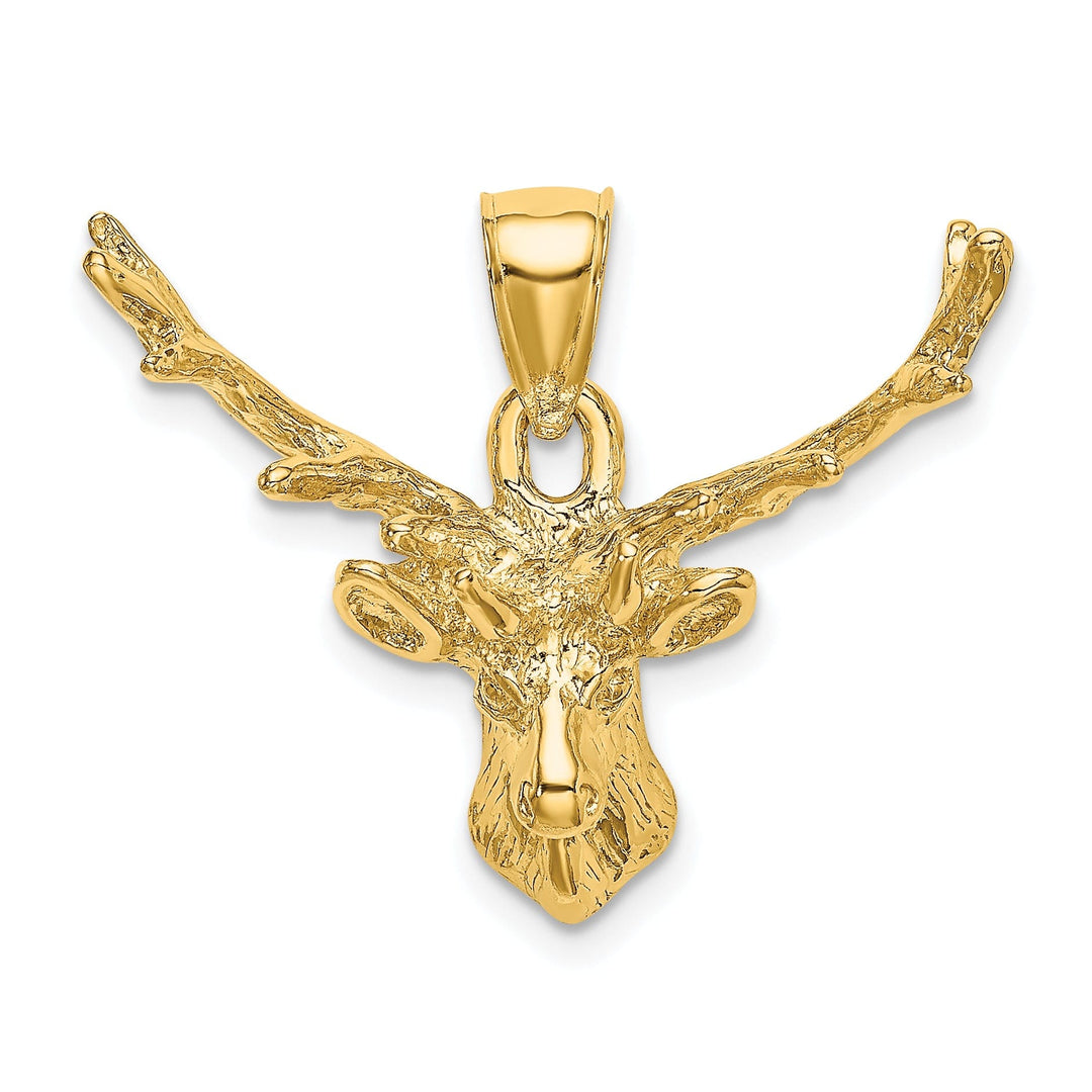 14K Yellow Gold Polished Finish 2-Dimensional Deer Head 8 Point Buck Design Charm Pendant