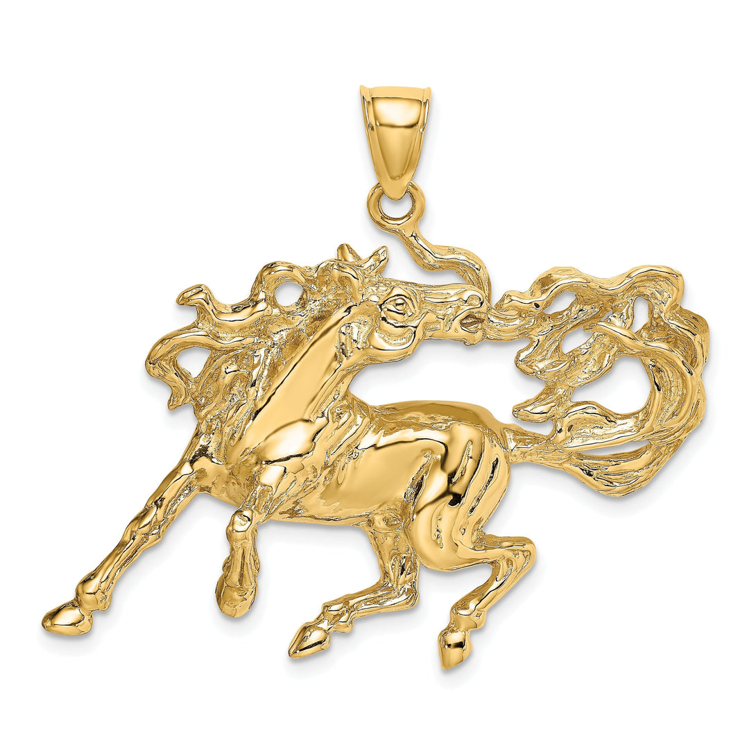 14K Yellow Gold Open Back Polished Textured Finish Dancing Horse Charm Pendant