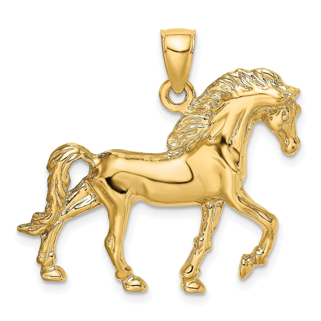 14K Yellow Gold Open Back Polished Textured Finish Walking Horse Charm Pendant