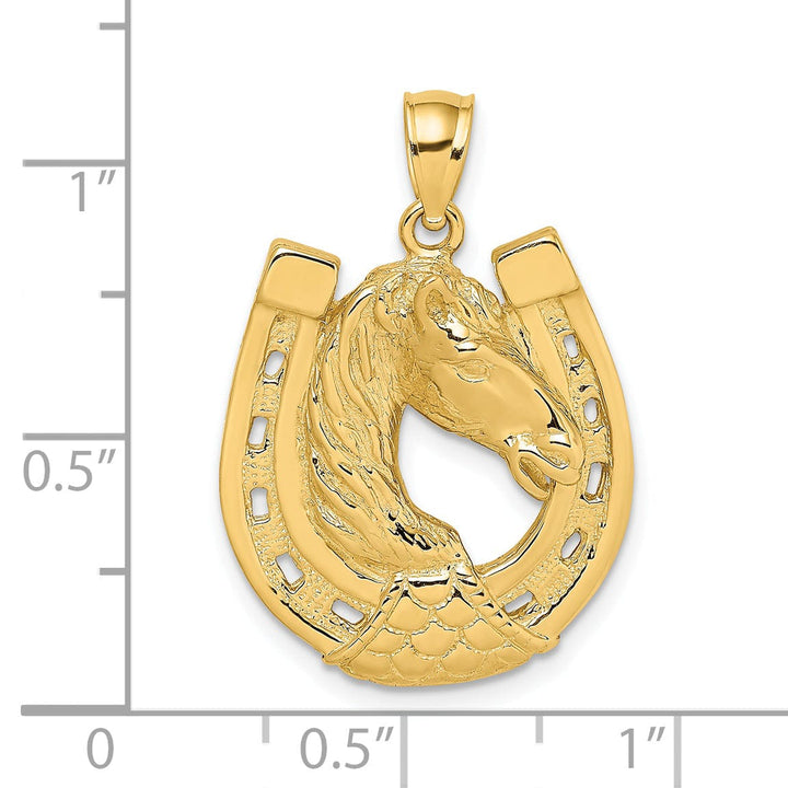 14K Yellow Gold Open Back Texture Polished Finish Horse Head In Shoe Charm Pendant