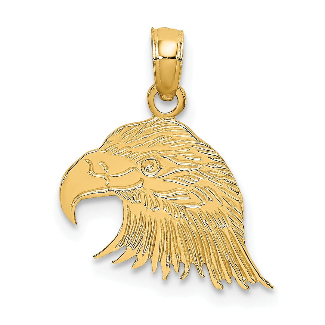 14K Yellow Gold Polished Texture Back Finish Engraved Flat Eagle Head Charm Pendant