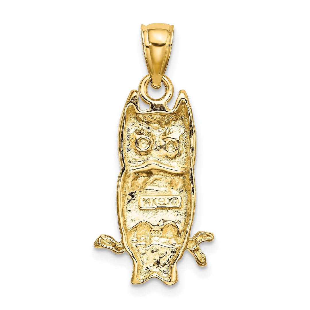 14K Yellow Gold Polished Textured Finish Concave Shape Owl on Branch Charm Pendant