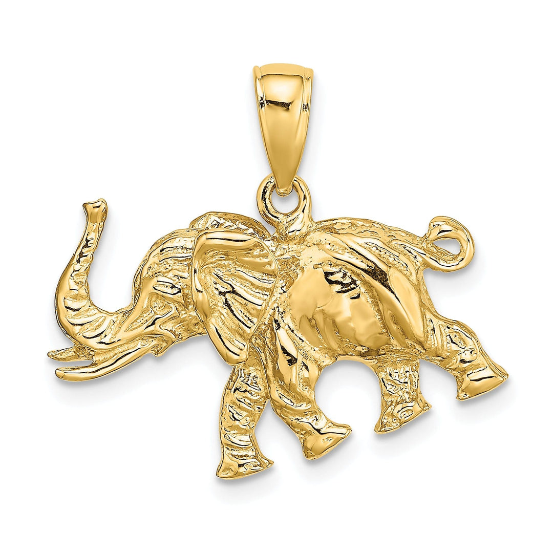 14K Yellow Gold Textured Polished Finish 3-Dimensional Elephant With Tusk Charm Pendant