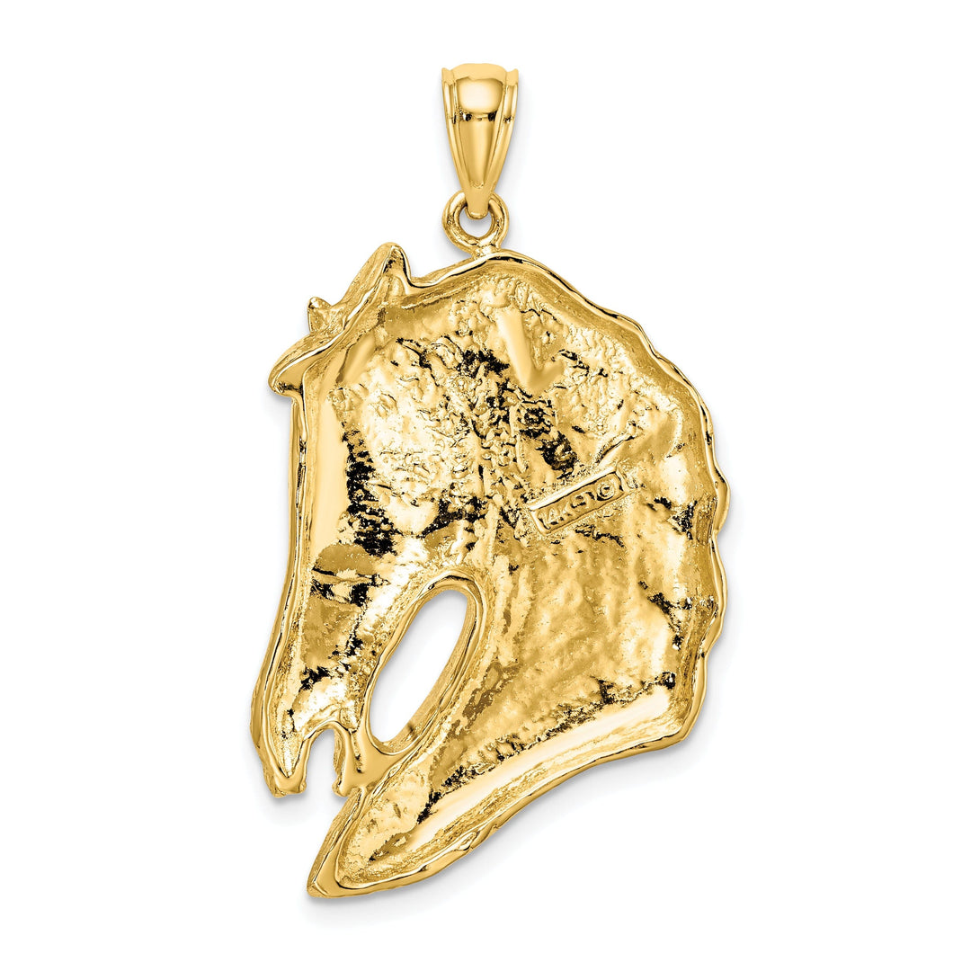 14K Yellow Gold Polished Texture Finish Horse Head with Long Mane Charm Pendant