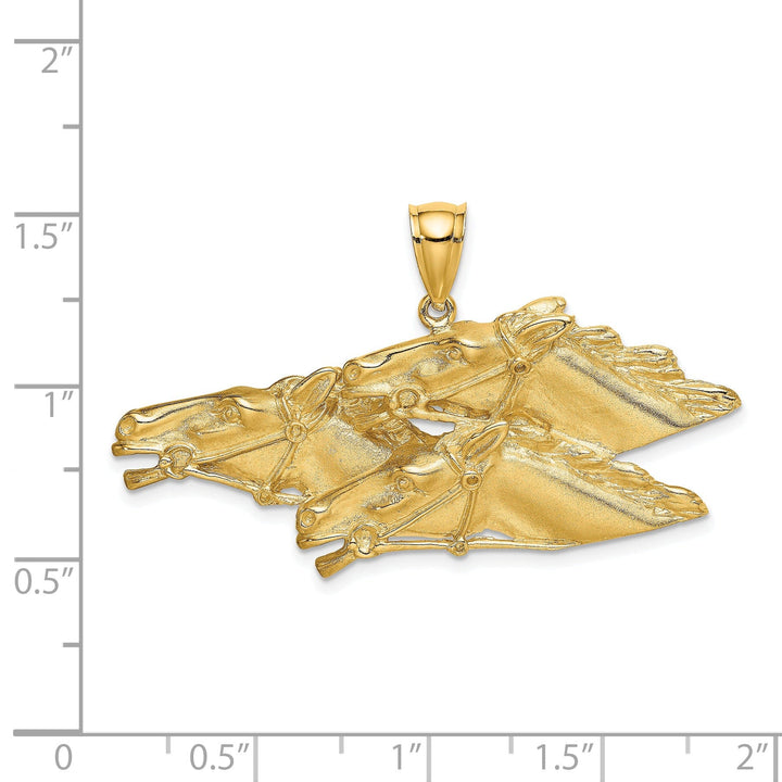 14K Yellow Gold Polished Texture Finish Triple Racing Horse Head Charm Pendant