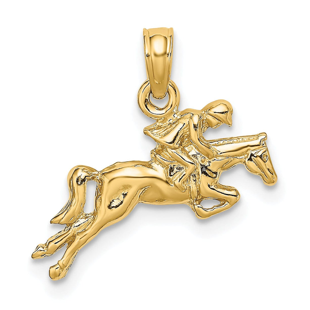 14K Yellow Gold Polished Finish Jockey on Jumping Horse Charm Pendant