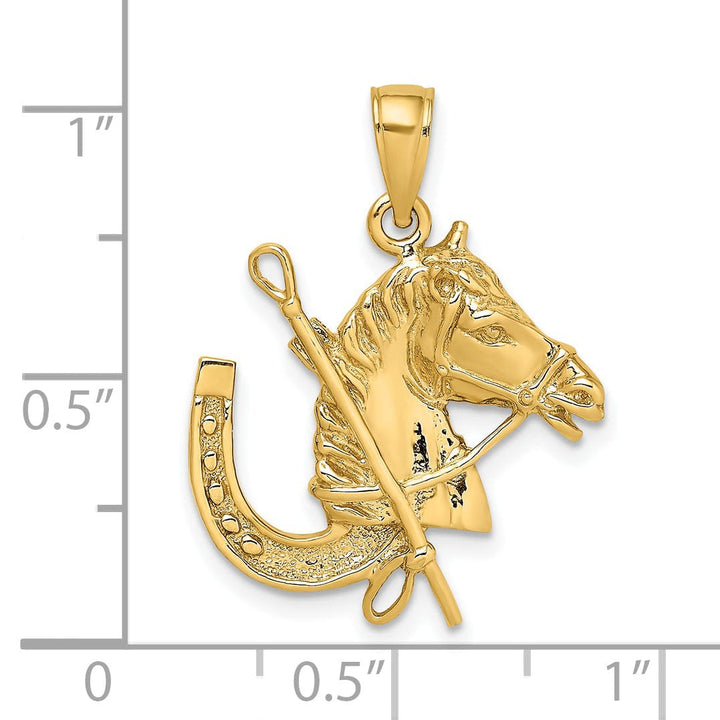 14K Yellow Gold Polished Texture Finish Horse Head with Shoe and Crop Charm Pendant