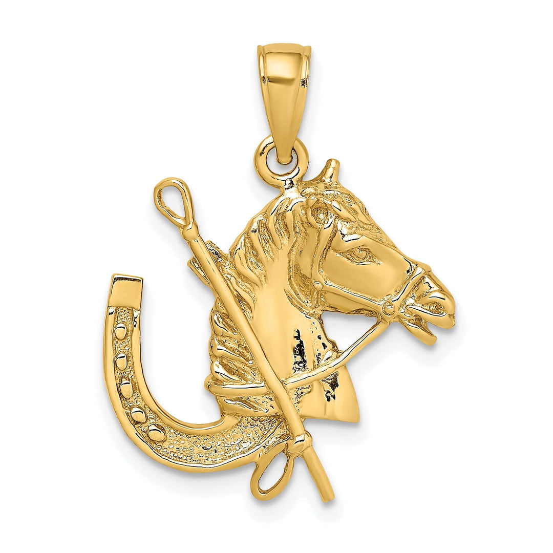 14K Yellow Gold Polished Texture Finish Horse Head with Shoe and Crop Charm Pendant