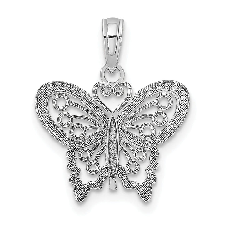 14K White Gold Open Back Solid Polished Finish Textured Filigree Beaded Butterfly Charm Pendant