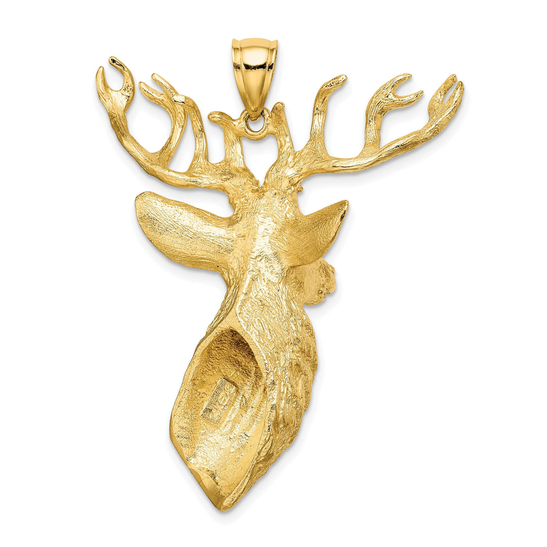 14K Yellow Gold Textured Polished Finish 3D Deer Head with Antlers Charm Pendant