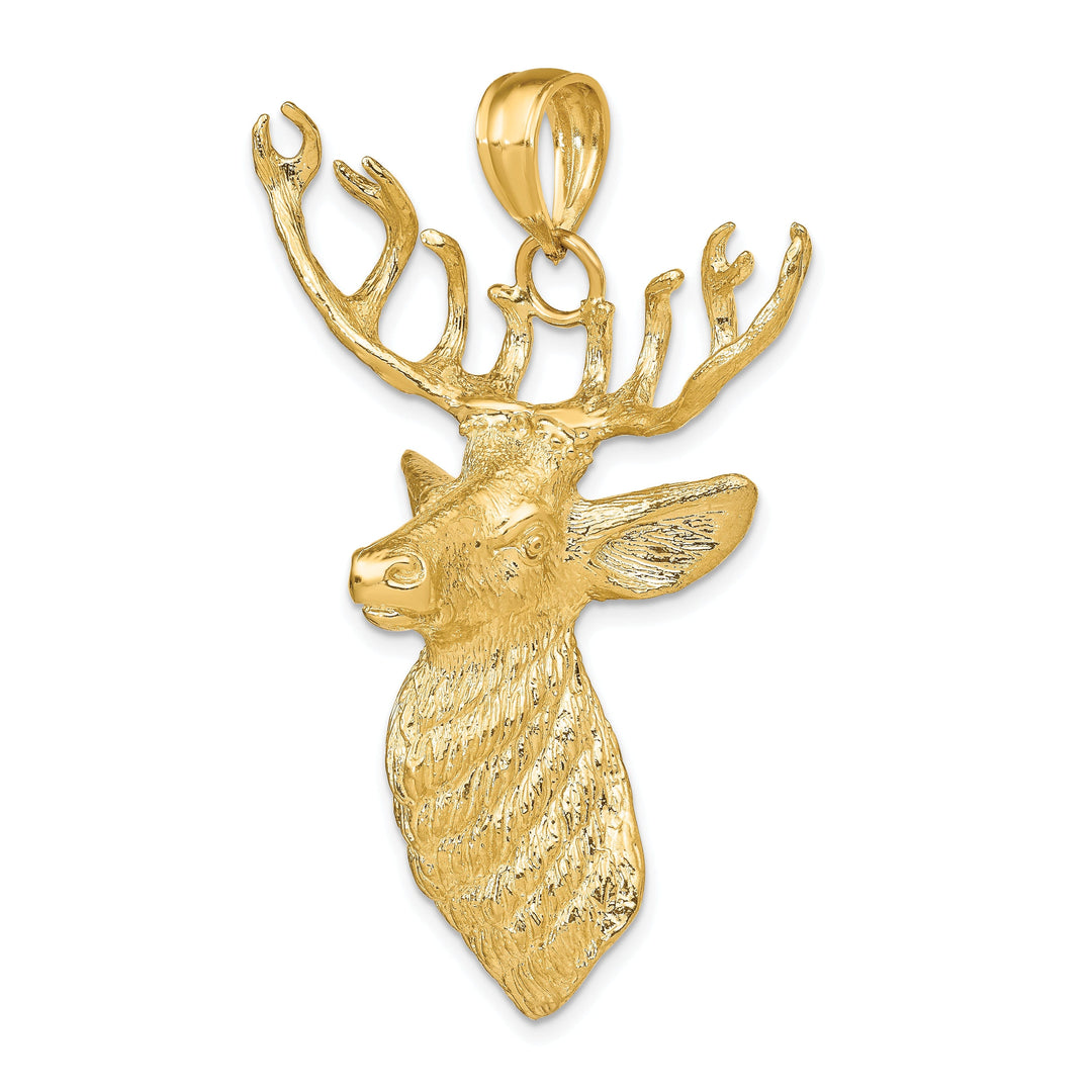 14K Yellow Gold Textured Polished Finish 3D Deer Head with Antlers Charm Pendant