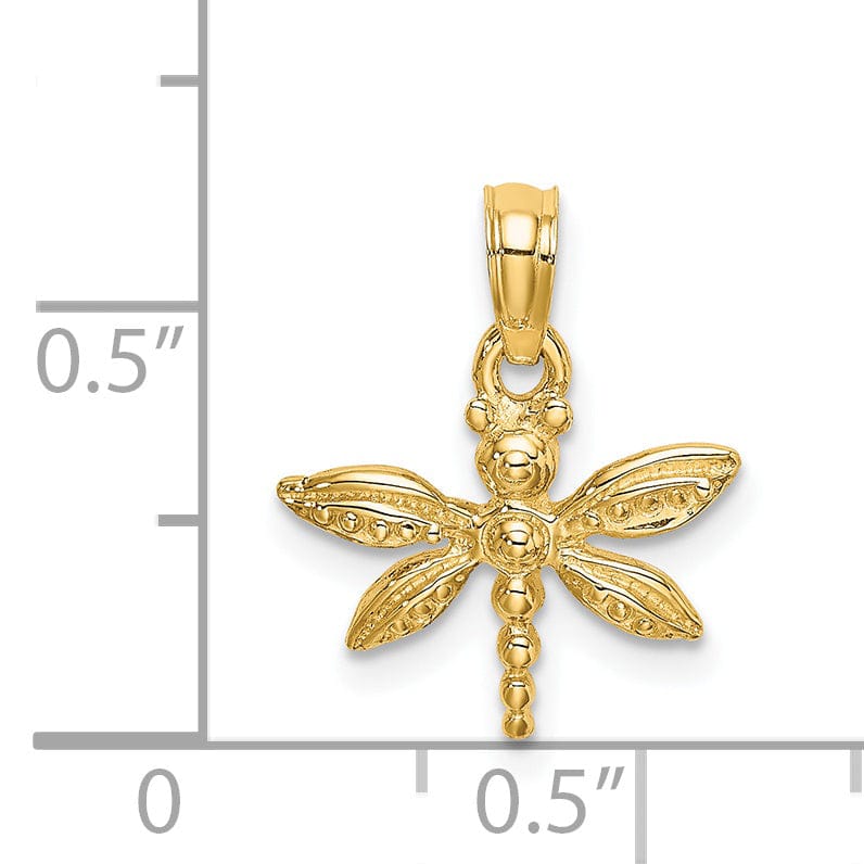 14K Yellow Gold Flat Back Textured Polished Finish Solid 2-Dimensional Mini Dragonfly Charm Pendant