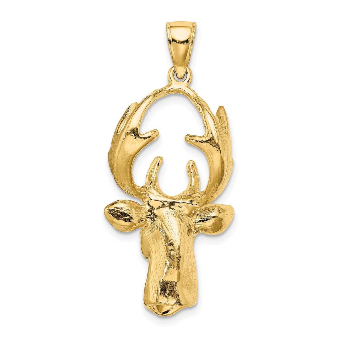 14K Yellow Gold Polished Finish Textured 3-Dimensional Deer Head with Antlers Charm Pendant