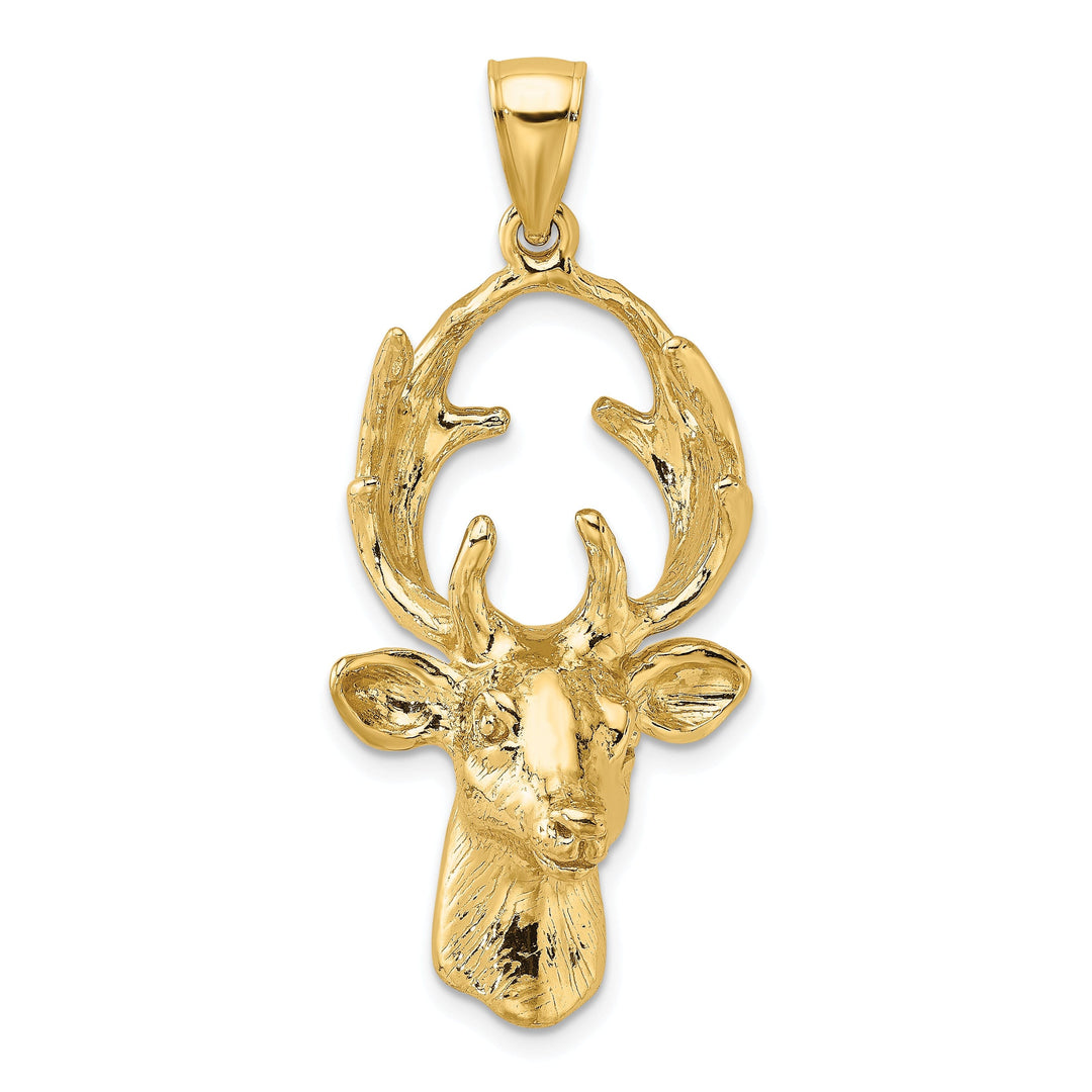 14K Yellow Gold Polished Finish Textured 3-Dimensional Deer Head with Antlers Charm Pendant