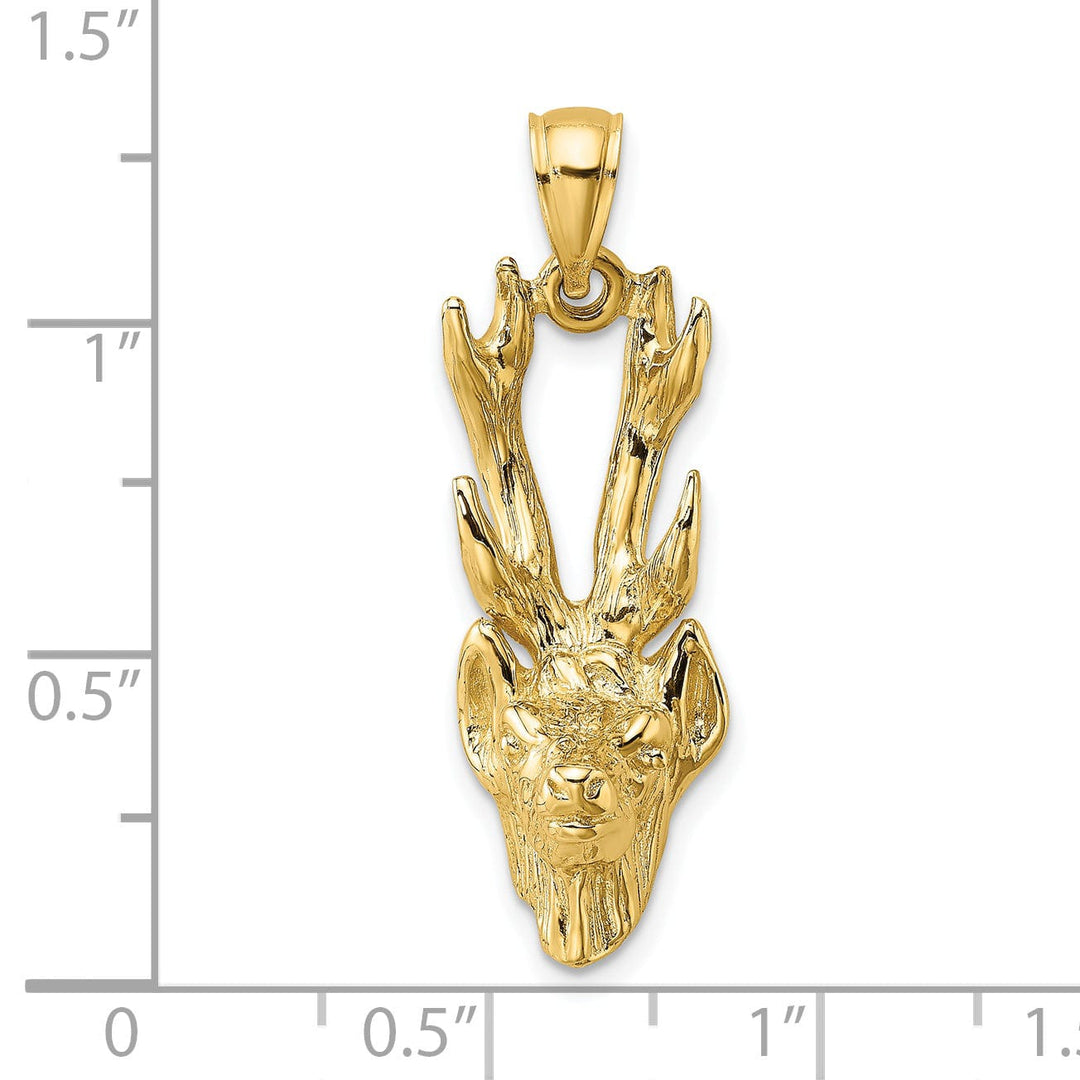 14K Yellow Gold Textured Polished Finish 3-Dimensional Deer Head with Antlers Charm Pendant