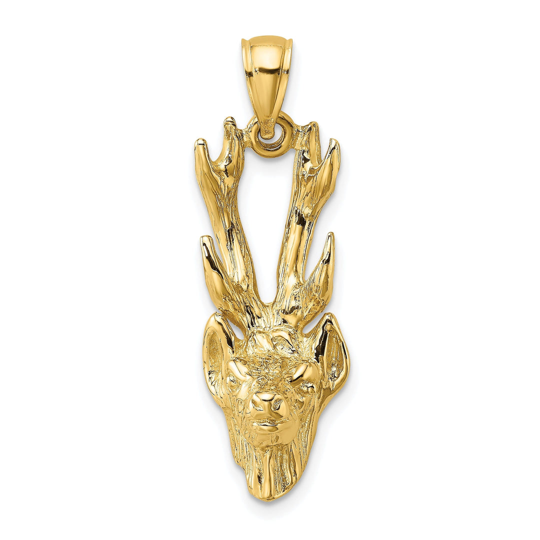 14K Yellow Gold Textured Polished Finish 3-Dimensional Deer Head with Antlers Charm Pendant