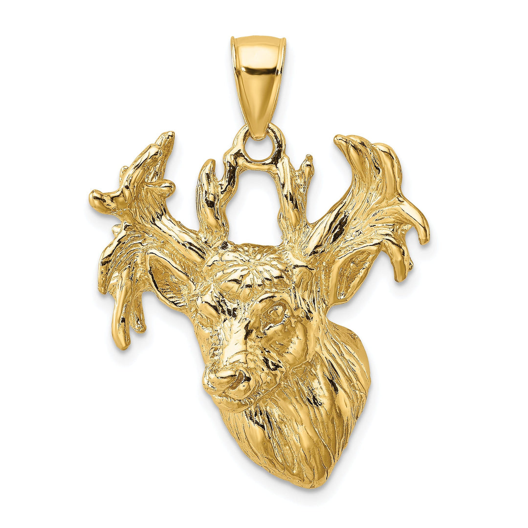 14K Yellow Gold Textured Polished Finish 2-Dimensional Deer Head with Antlers Charm Pendant