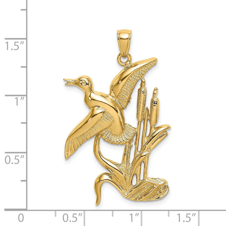 14K Yellow Gold Open Back Polished Textured Finish Duck Flying From Willow Grass Design Charm Pendant