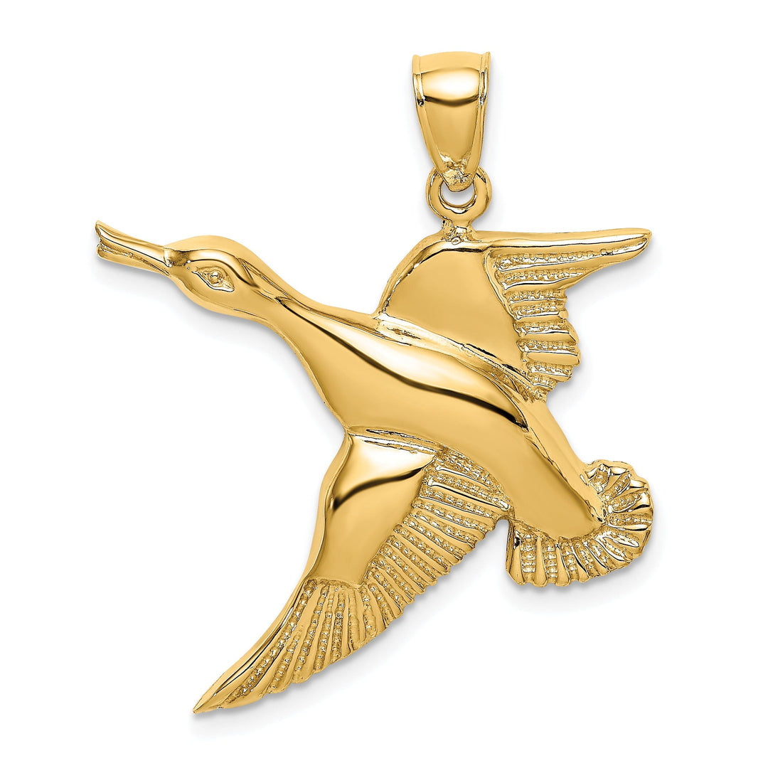 14K Yellow Gold Open Back Textured Polished Finish Flying Duck Charm Pendant