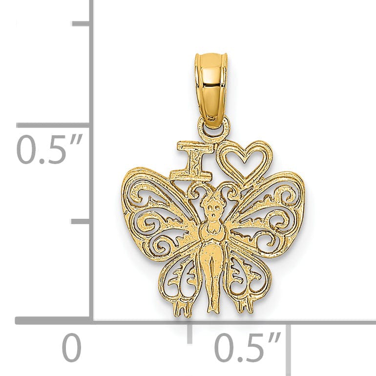 14K Yellow Gold I HEART Butterfly Charm Pendant