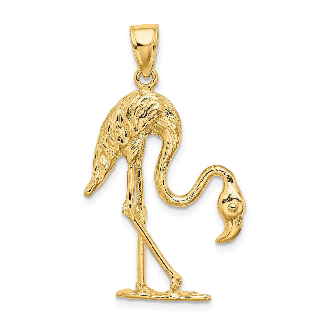 14k Yellow Gold Textured Polished Finish 3-Dimensional Flamingo Bird Charm Pendant