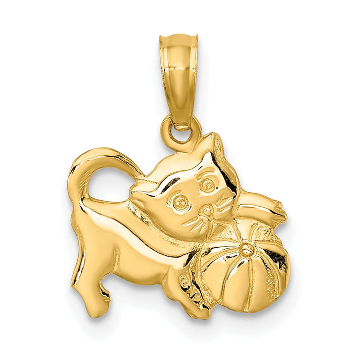 14k Yellow Gold Polished Finish 3-Dimensional Kitten Cat Playing with Ball Design Charm Pendant