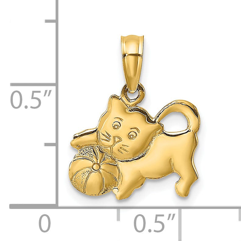 14k Yellow Gold Polished Finish 3-Dimensional Kitten Cat Playing with Ball Design Charm Pendant