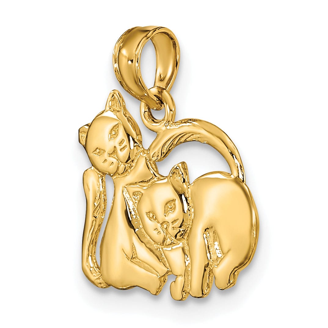 14k Yellow Gold Polished Finish 3-Dimensional 2-Kitten Cats Design Charm Pendant