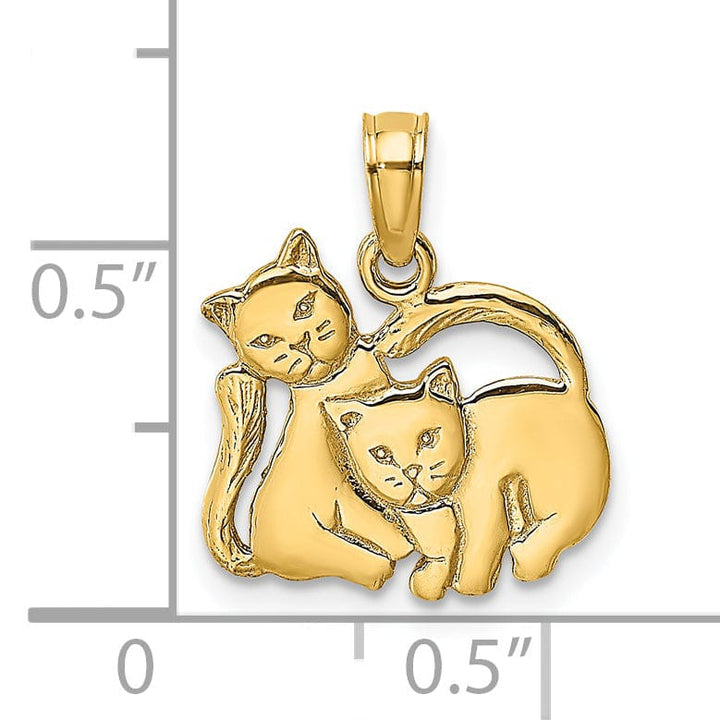 14k Yellow Gold Polished Finish 3-Dimensional 2-Kitten Cats Design Charm Pendant