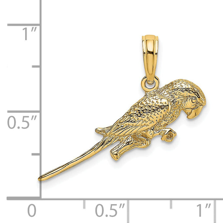 14K Yellow Gold Textured Solid Polished Finish 3-Dimensional Parrot Sitting on Branch Charm Pendant