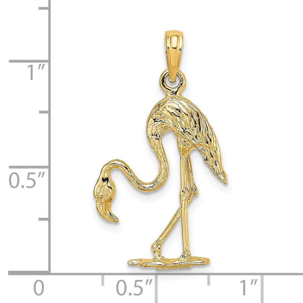 14K Yellow Gold Polished Textured Finish 3-Dimensional Flamingo Design Charm Pendant